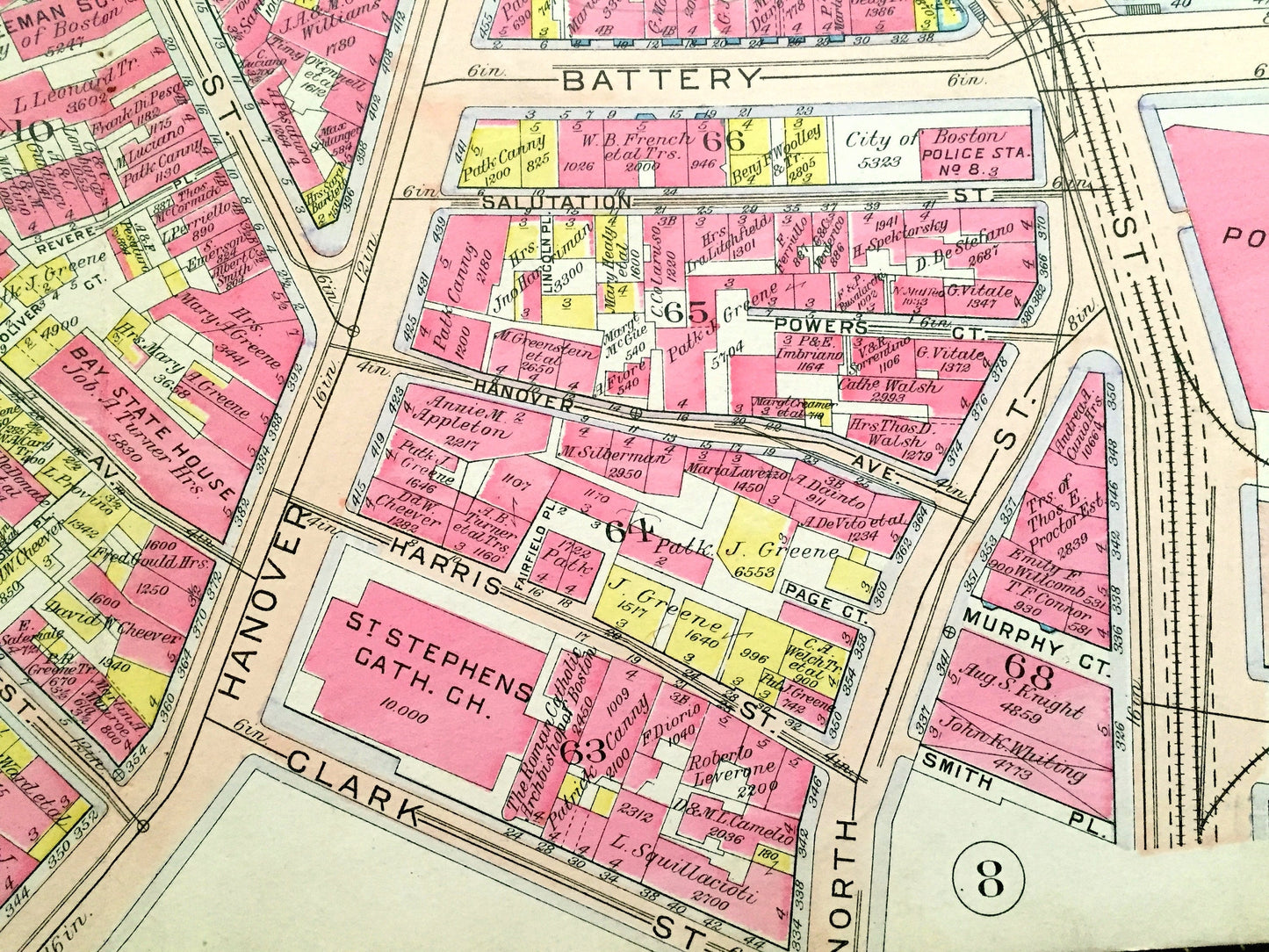 Antique 1908 North End, Boston, Massachusetts Map from G.W. Bromley Atlas – Old North Church, Copps Hill, Paul Revere Mall, Freedom Trail MA