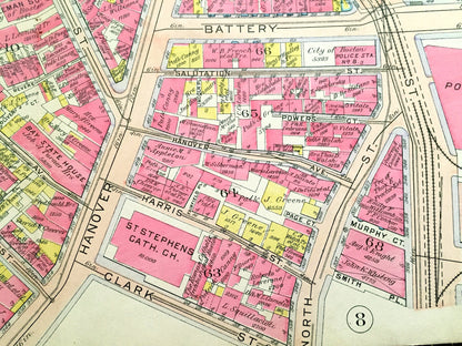 Antique 1908 North End, Boston, Massachusetts Map from G.W. Bromley Atlas – Old North Church, Copps Hill, Paul Revere Mall, Freedom Trail MA