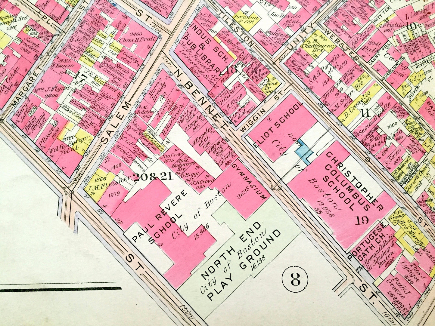 Antique 1908 North End, Boston, Massachusetts Map from G.W. Bromley Atlas – Old North Church, Copps Hill, Paul Revere Mall, Freedom Trail MA