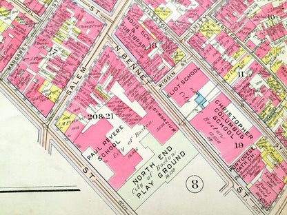 Antique 1908 North End, Boston, Massachusetts Map from G.W. Bromley Atlas – Old North Church, Copps Hill, Paul Revere Mall, Freedom Trail MA