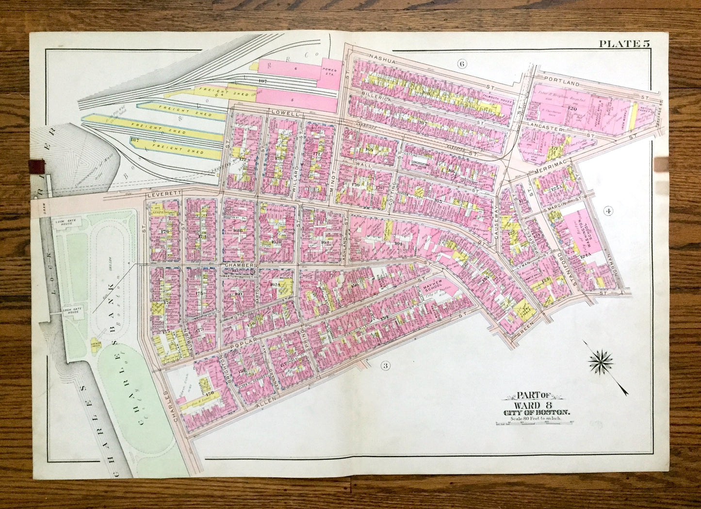 Antique 1908 West End, Boston, Massachusetts Map from G.W. Bromley Atlas – Bullfinch Triangle, Mass General Hospital, Garden, Beacon Hill MA