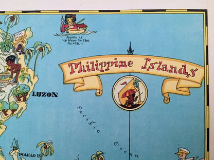 Antique 1935 Philippines Islands Map from Our Gay Geography by Ruth Taylor – Quezon City, Manila, Caloocan, Davao, Luzon, Mindanao, Mindoro