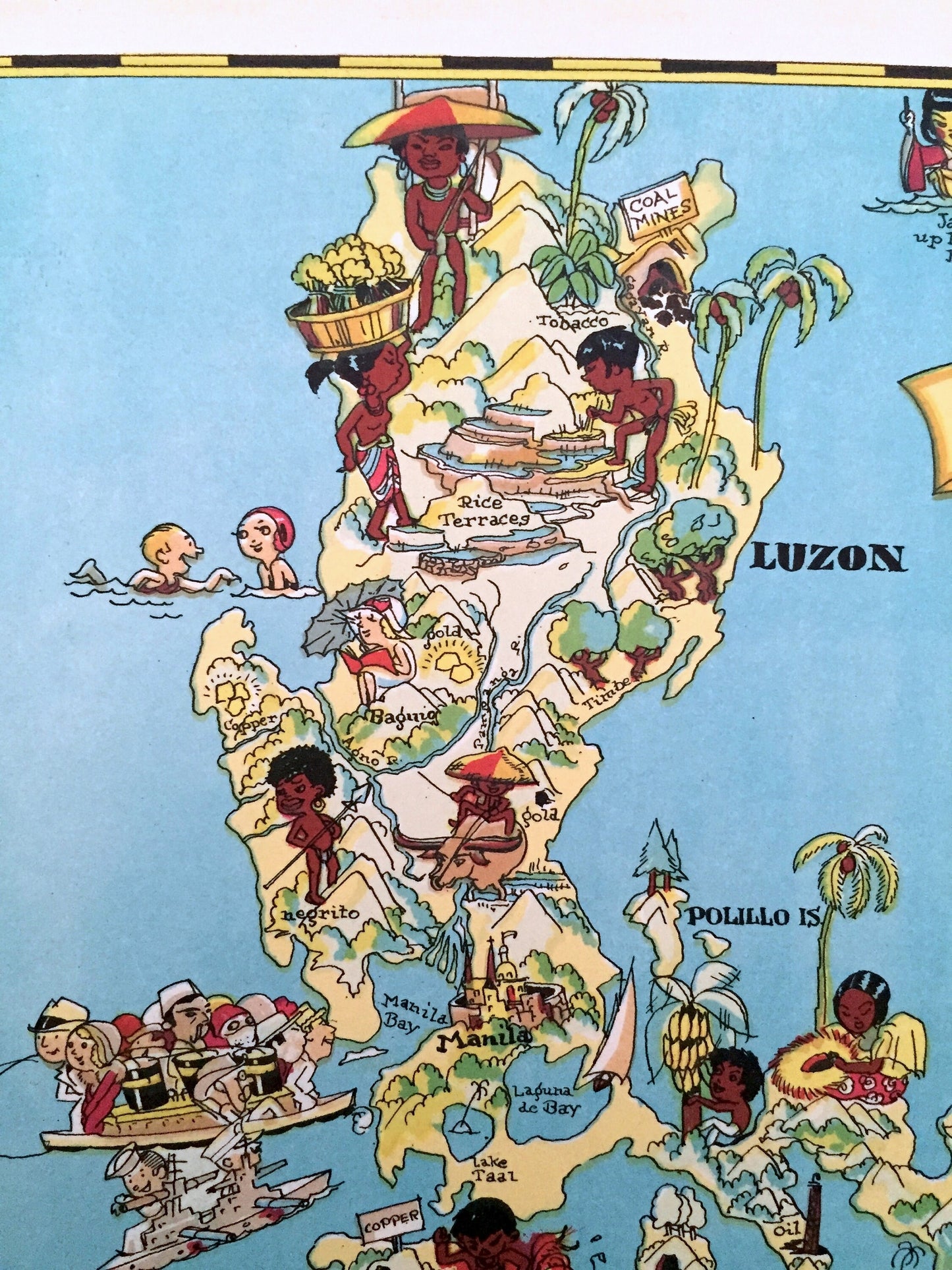 Antique 1935 Philippines Islands Map from Our Gay Geography by Ruth Taylor – Quezon City, Manila, Caloocan, Davao, Luzon, Mindanao, Mindoro