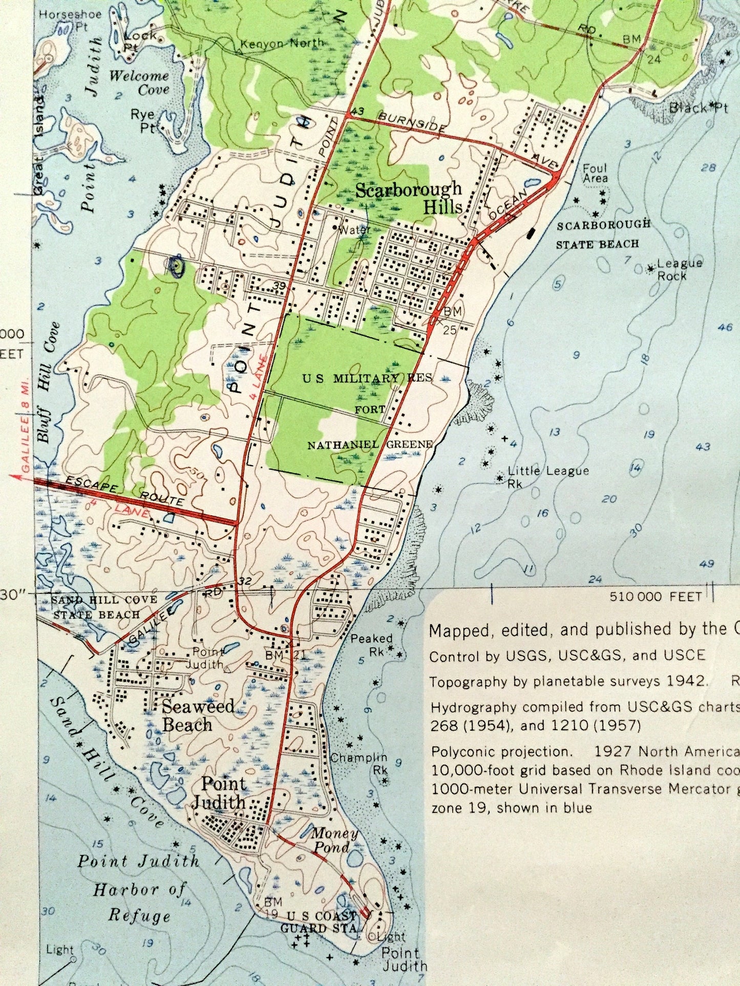 Antique Narragansett Pier, Rhode Island 1957 US Geological Survey Topographic Map – Washington County, Newport, Kingston, Jamestown, Bay, RI