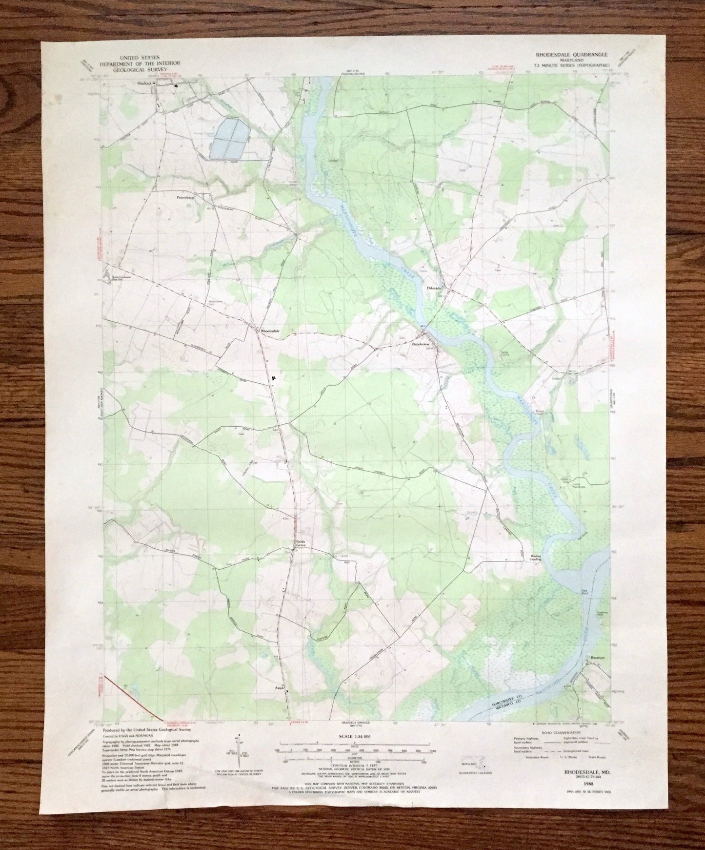 Antique Rhodesdale, Maryland 1988 US Geological Survey Topographic Map – Dorchester County, Hurlock, Eldorado, Brookview, Nanticoke RIver MD