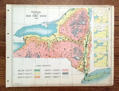 Antique 1941 New York Geographical Map from WP Munger's Historical Atlas of New York State – Manhattan, Long Island, Adirondacks, NYC NY