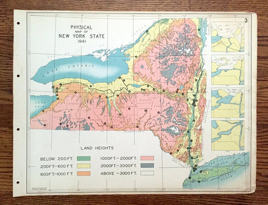 Antique 1941 New York Geographical Map from WP Munger's Historical Atlas of New York State – Manhattan, Long Island, Adirondacks, NYC NY