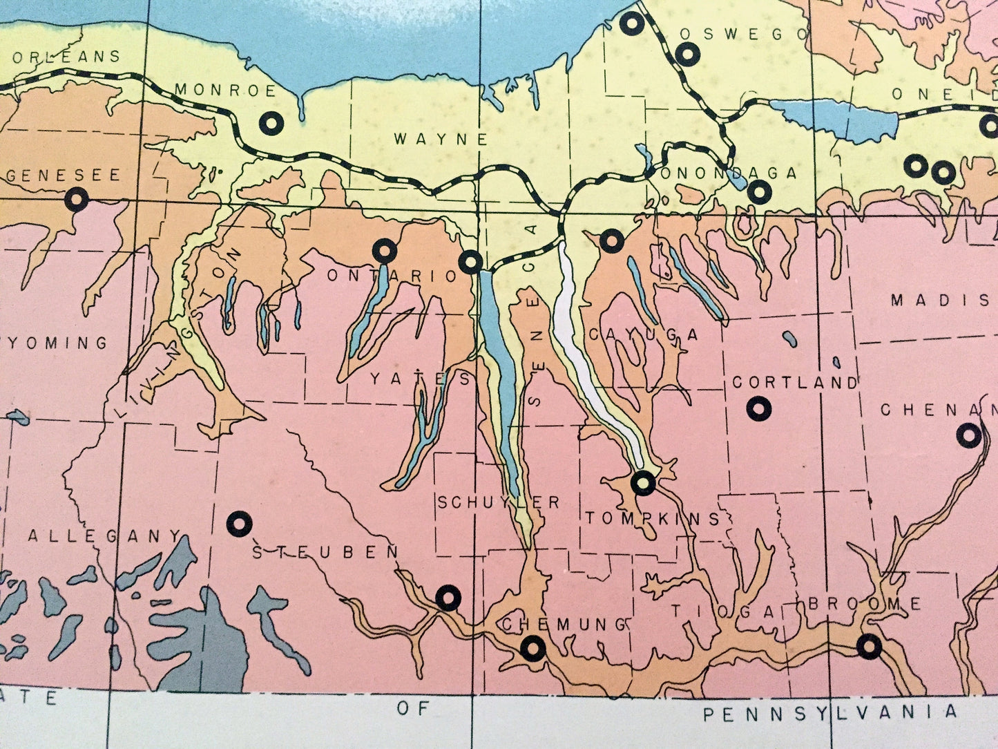 Antique 1941 New York Geographical Map from WP Munger's Historical Atlas of New York State – Manhattan, Long Island, Adirondacks, NYC NY