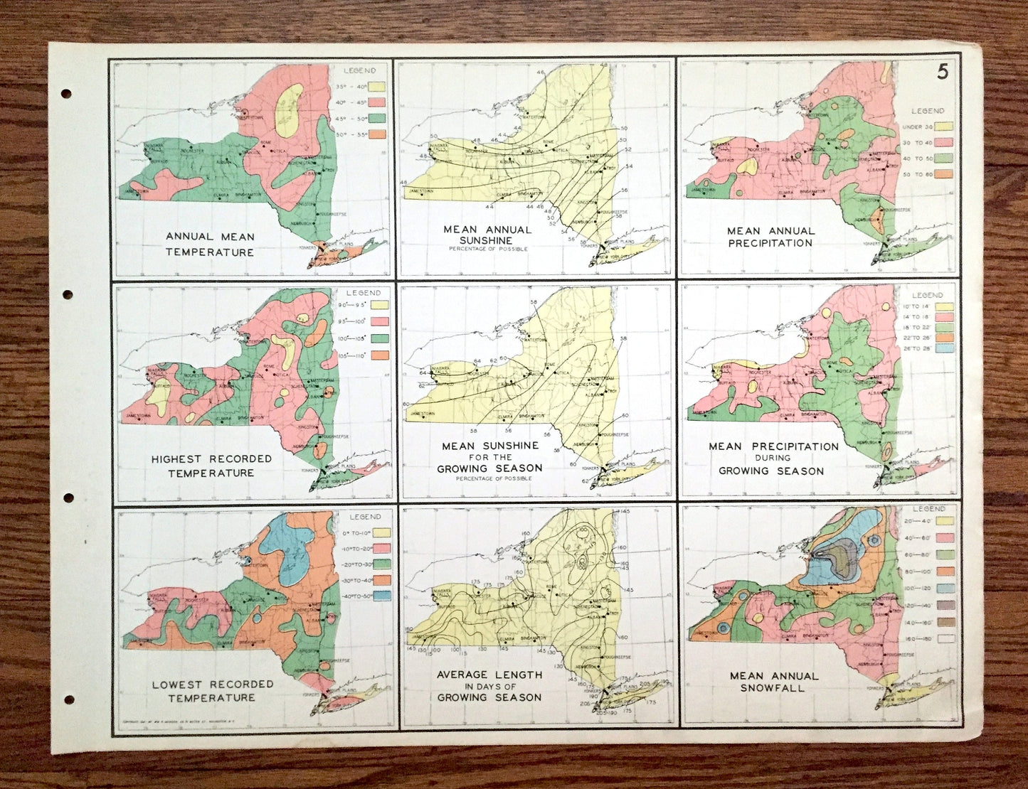 Antique 1941 New York Climate Map from WP Munger's Historical Atlas of New York State – Manhattan, Long Island, Adirondacks, Albany, NYC NY