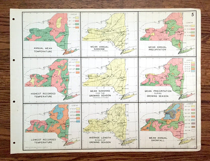 Antique 1941 New York Climate Map from WP Munger's Historical Atlas of New York State – Manhattan, Long Island, Adirondacks, Albany, NYC NY