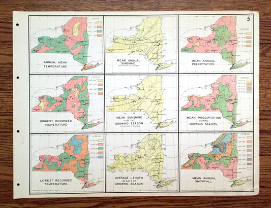 Antique 1941 New York Climate Map from WP Munger's Historical Atlas of New York State – Manhattan, Long Island, Adirondacks, Albany, NYC NY