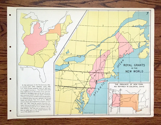 Antique 1941 Royal Grants of the New World Map from WP Munger's Historical Atlas of New York State – Manhattan, Long Island, Adirondacks, NY