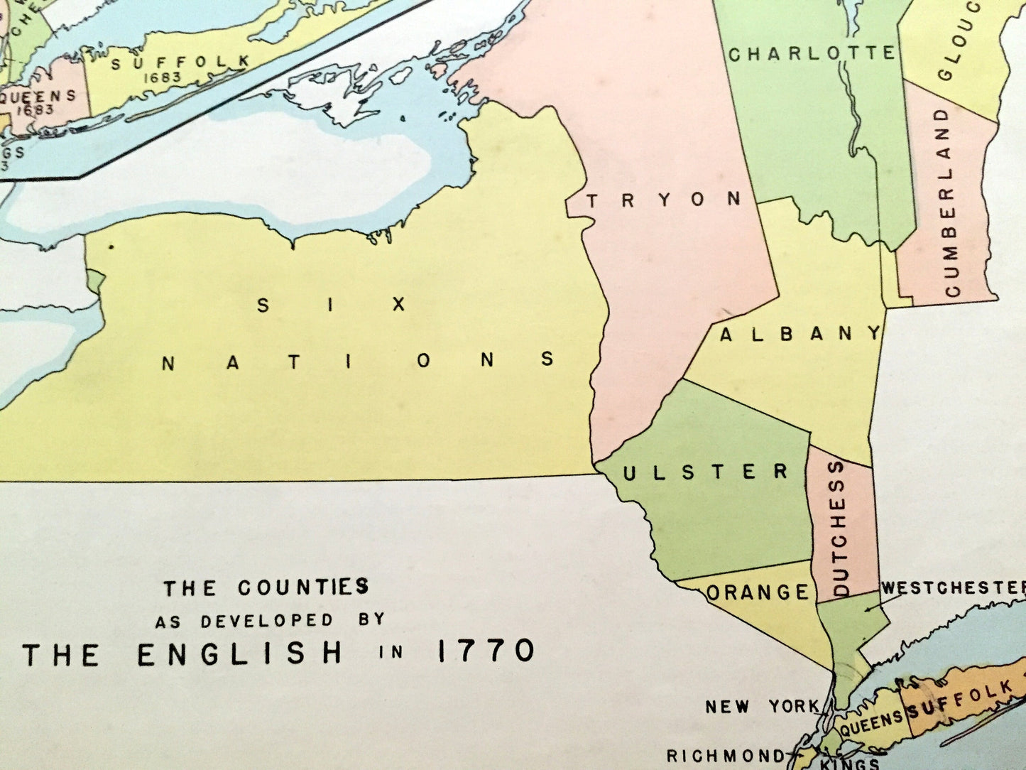 Antique 1941 New York Historical Map from WP Munger's Historical Atlas of New York State – Manhattan, Long Island, Adirondacks, Duke, NY