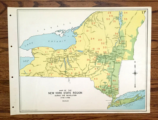 Antique 1941 New York Revolutionary Wartime Map from WP Munger's Historical Atlas of New York State – Manhattan, Long Island, Adirondacks NY