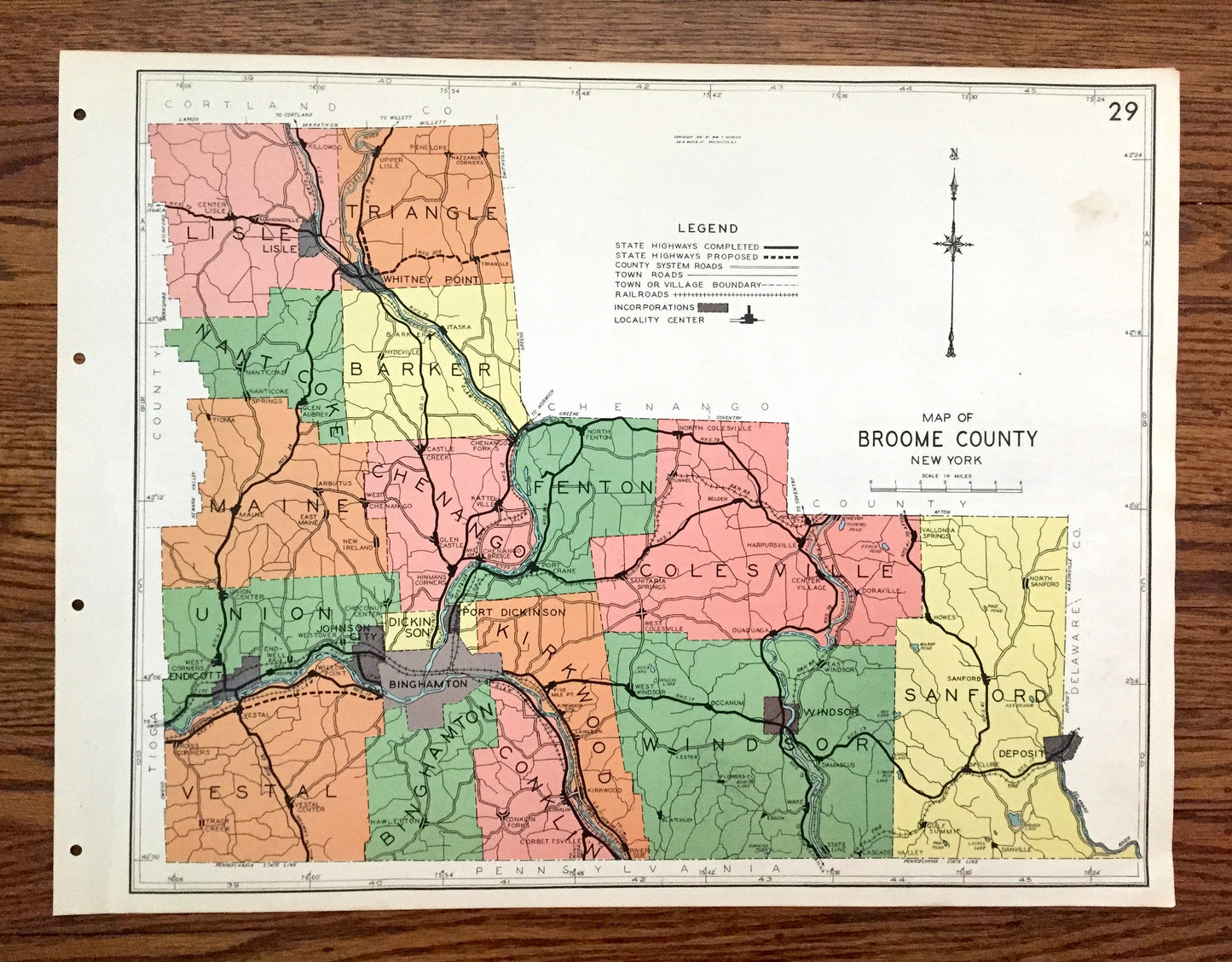 Antique Broome County, New York 1941 Historical Atlas Map – Binghamton, Lisle, Whitney Point, Deposit, Windsor, Lestershire, Sanford, NY