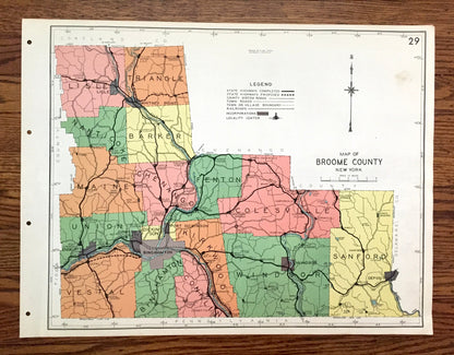 Antique Broome County, New York 1941 Historical Atlas Map – Binghamton, Lisle, Whitney Point, Deposit, Windsor, Lestershire, Sanford, NY