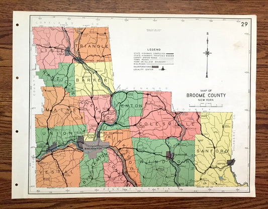 Antique Broome County, New York 1941 Historical Atlas Map – Binghamton, Lisle, Whitney Point, Deposit, Windsor, Lestershire, Sanford, NY