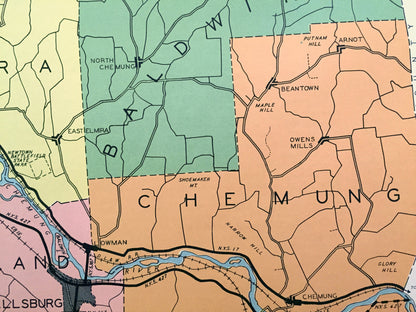 Antique Chemung County, New York 1941 Historical Atlas Map – Elmira, Horseheads, Big Flats, Breesport, Erin Wellsburg Southport Millport NY