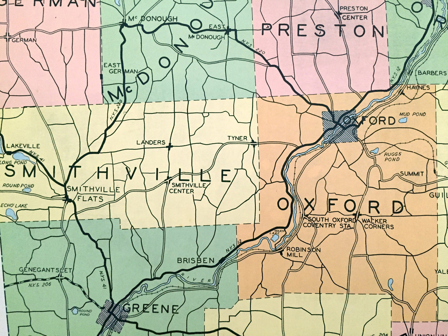 Antique Chenango County, New York 1941 Historical Atlas Map – Norwich, Oxford, Afton, Bainbridge, Sherburne, Greene, New Berlin Coventry NY
