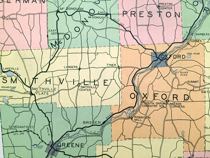 Antique Chenango County, New York 1941 Historical Atlas Map – Norwich, Oxford, Afton, Bainbridge, Sherburne, Greene, New Berlin Coventry NY