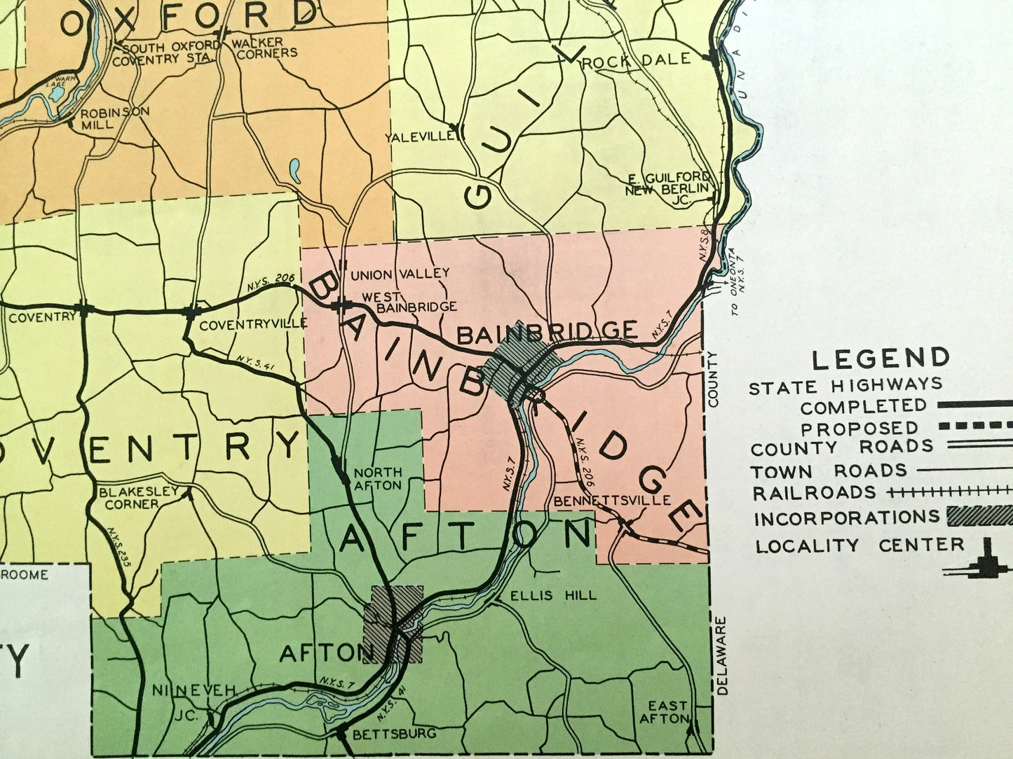 Antique Chenango County, New York 1941 Historical Atlas Map – Norwich, Oxford, Afton, Bainbridge, Sherburne, Greene, New Berlin Coventry NY
