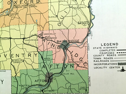 Antique Chenango County, New York 1941 Historical Atlas Map – Norwich, Oxford, Afton, Bainbridge, Sherburne, Greene, New Berlin Coventry NY