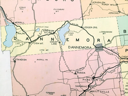 Antique Clinton County, New York 1941 Historical Atlas Map – Plattsburg, Lake Champlain, Dannemora, Rouse's Point, Morrisonville, Chazy, NY