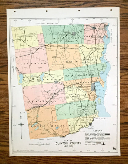 Antique Clinton County, New York 1941 Historical Atlas Map – Plattsburg, Lake Champlain, Dannemora, Rouse's Point, Morrisonville, Chazy, NY