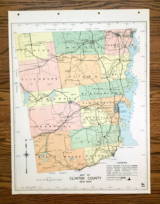 Antique Clinton County, New York 1941 Historical Atlas Map – Plattsburg, Lake Champlain, Dannemora, Rouse's Point, Morrisonville, Chazy, NY