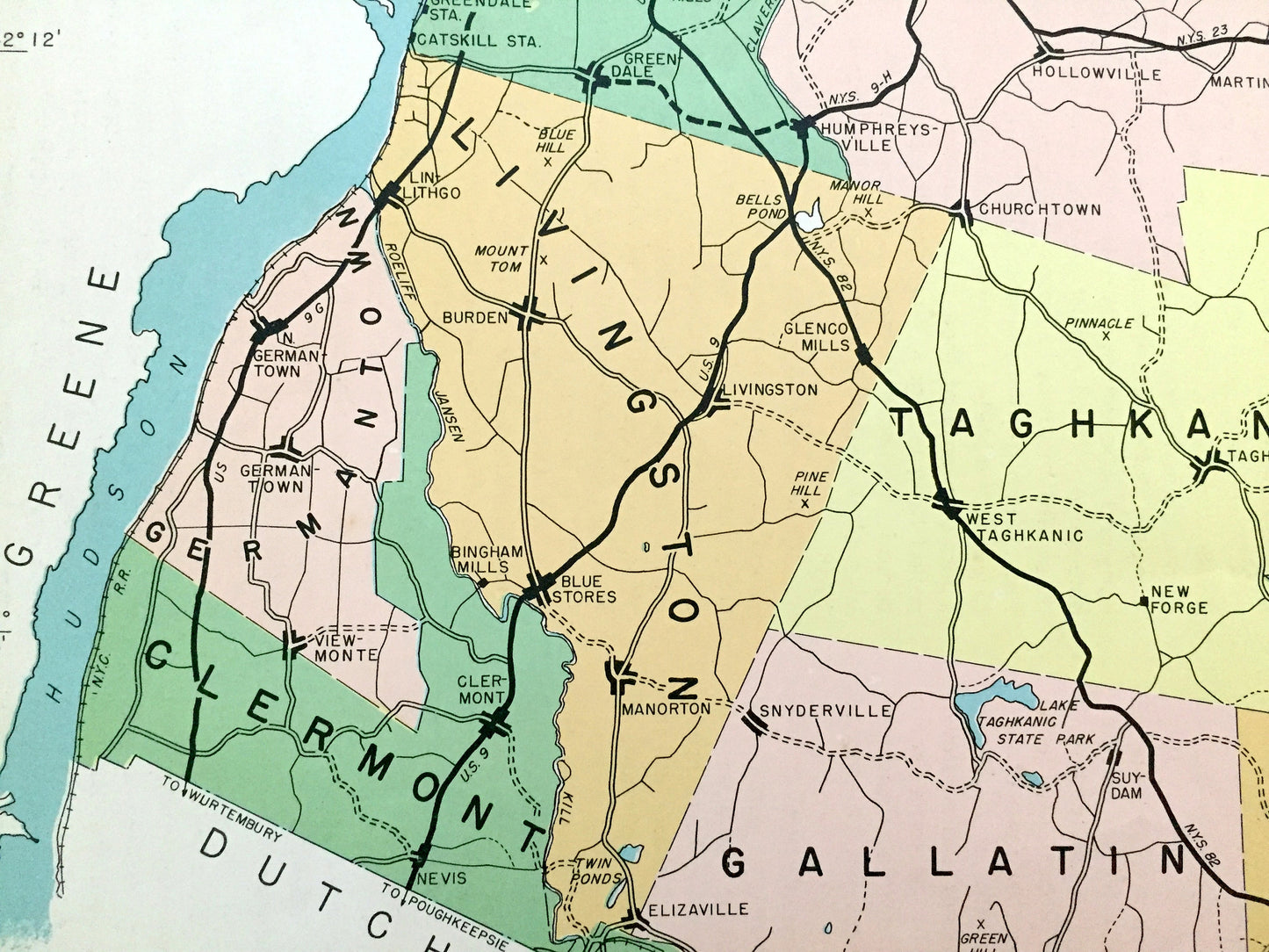 Antique Columbia County, New York 1941 Historical Atlas Map – Hudson, Canaan, Kinderhook, Hillsdale, Chatham, Ancram, Livingston, Ghent, NY