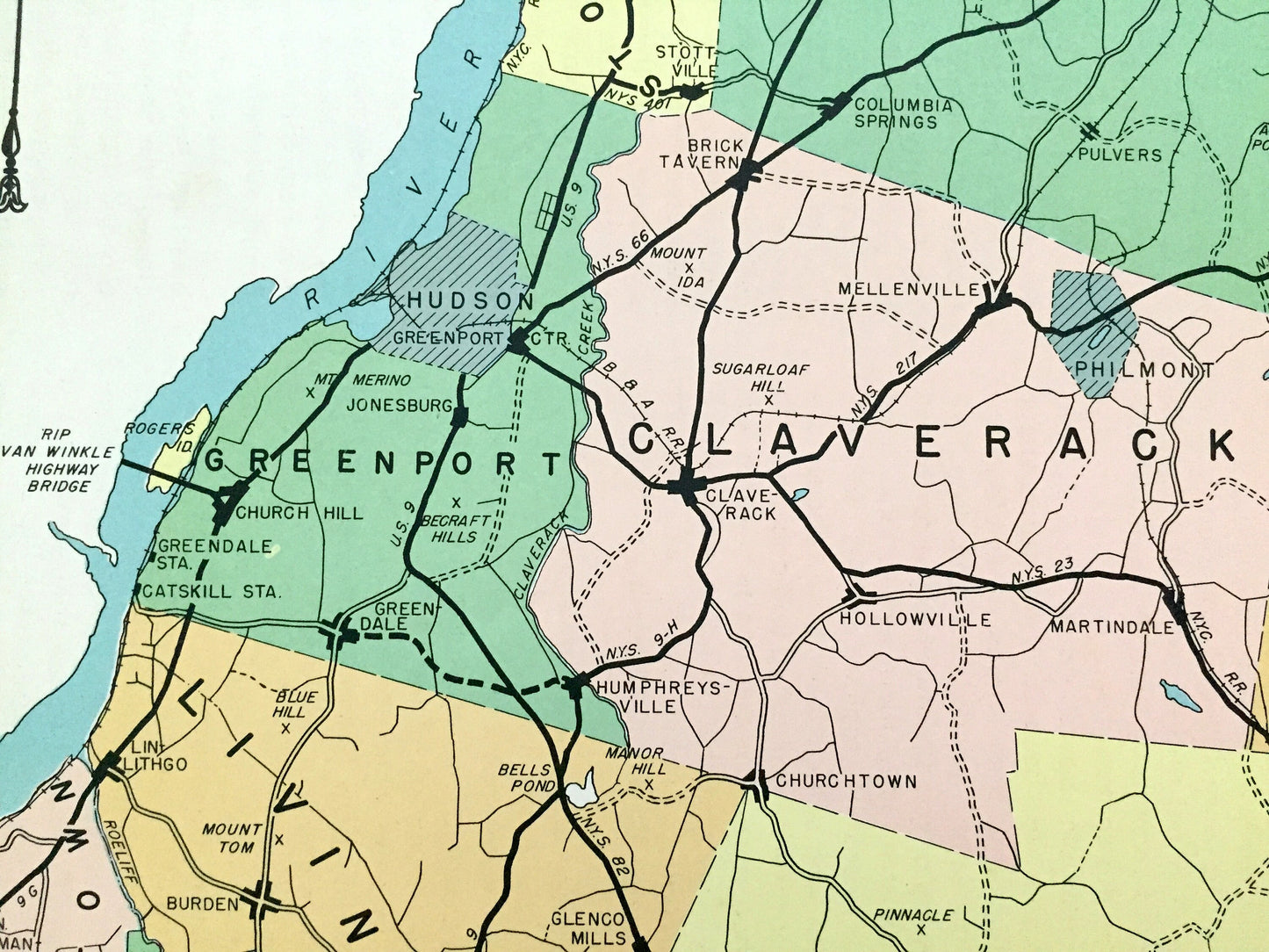 Antique Columbia County, New York 1941 Historical Atlas Map – Hudson, Canaan, Kinderhook, Hillsdale, Chatham, Ancram, Livingston, Ghent, NY