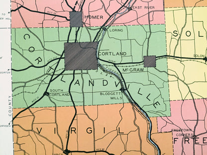 Antique Cortland County, New York 1941 Historical Atlas Map – Cortlandville, Homer, McGraw, Scott, Preble, Marathon, Harford, Texas Valley