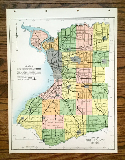 Antique Erie County, New York 1941 Historical Atlas Map – Buffalo, Cheektowaga, Seneca, Hamburg, Grand Island Aurora Evans Niagara Falls NY