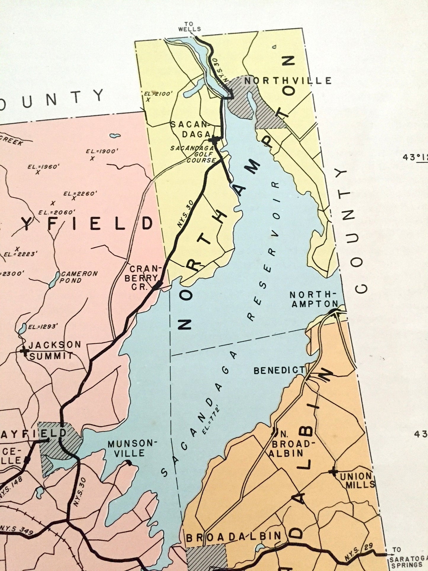 Antique Fulton County, New York 1941 Historical Atlas Map – Johnstown, Gloversville, Bleecker, Caroga Lake, Broadalbin Mayfield Stratford NY