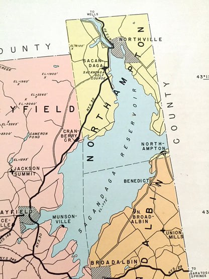 Antique Fulton County, New York 1941 Historical Atlas Map – Johnstown, Gloversville, Bleecker, Caroga Lake, Broadalbin Mayfield Stratford NY