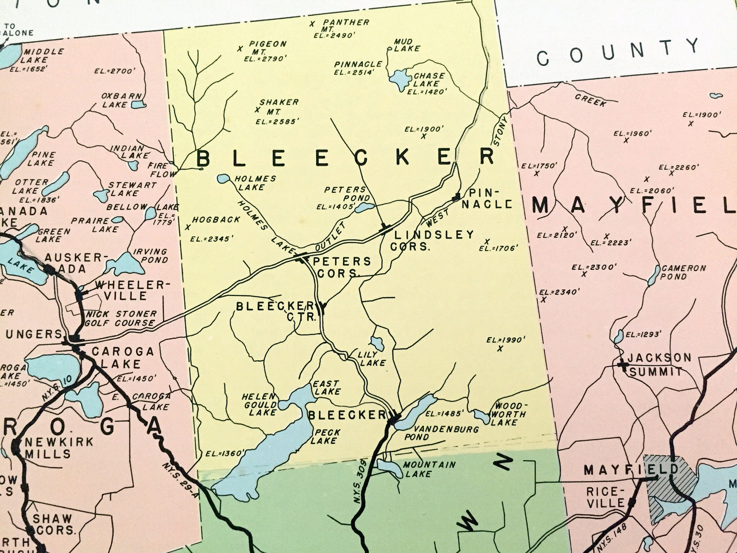 Antique Fulton County, New York 1941 Historical Atlas Map – Johnstown, Gloversville, Bleecker, Caroga Lake, Broadalbin Mayfield Stratford NY