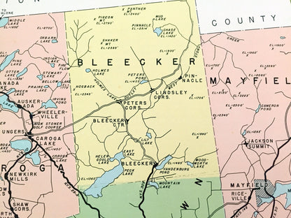 Antique Fulton County, New York 1941 Historical Atlas Map – Johnstown, Gloversville, Bleecker, Caroga Lake, Broadalbin Mayfield Stratford NY