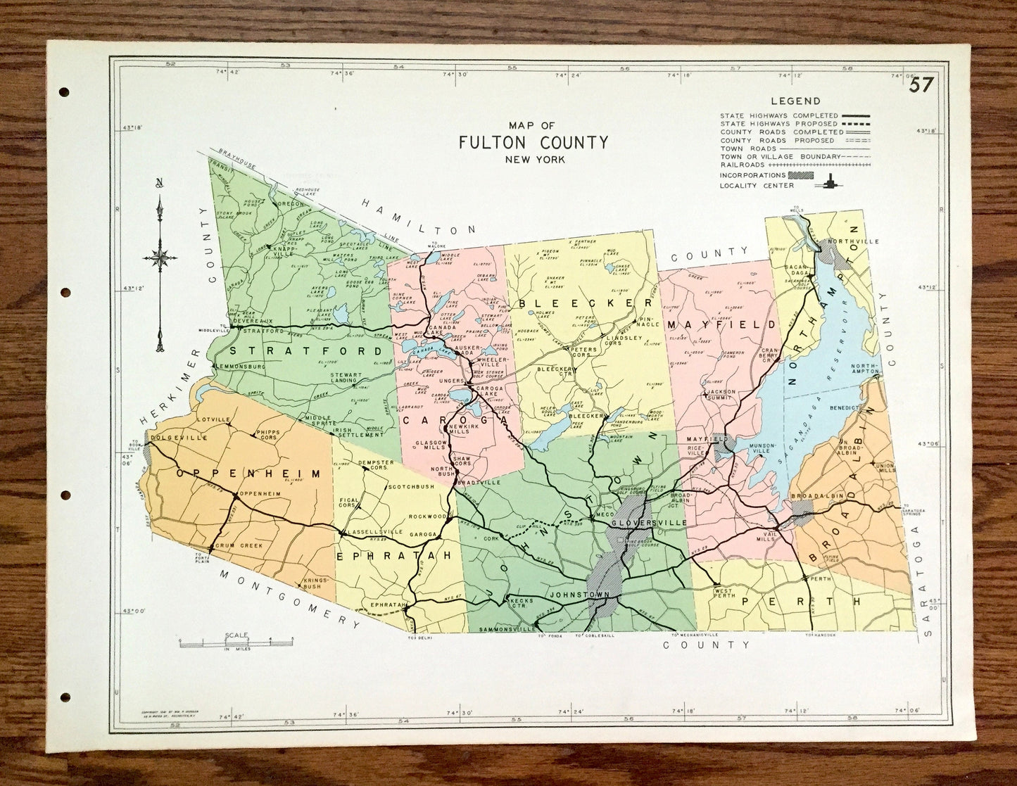 Antique Fulton County, New York 1941 Historical Atlas Map – Johnstown, Gloversville, Bleecker, Caroga Lake, Broadalbin Mayfield Stratford NY