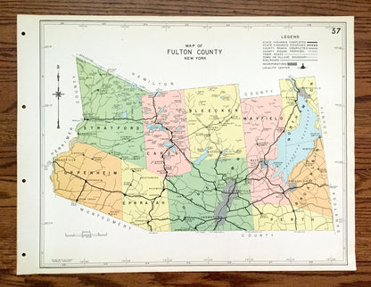 Antique Fulton County, New York 1941 Historical Atlas Map – Johnstown, Gloversville, Bleecker, Caroga Lake, Broadalbin Mayfield Stratford NY