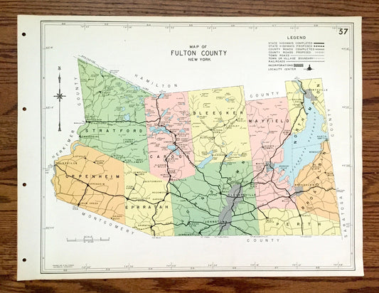 Antique Fulton County, New York 1941 Historical Atlas Map – Johnstown, Gloversville, Bleecker, Caroga Lake, Broadalbin Mayfield Stratford NY