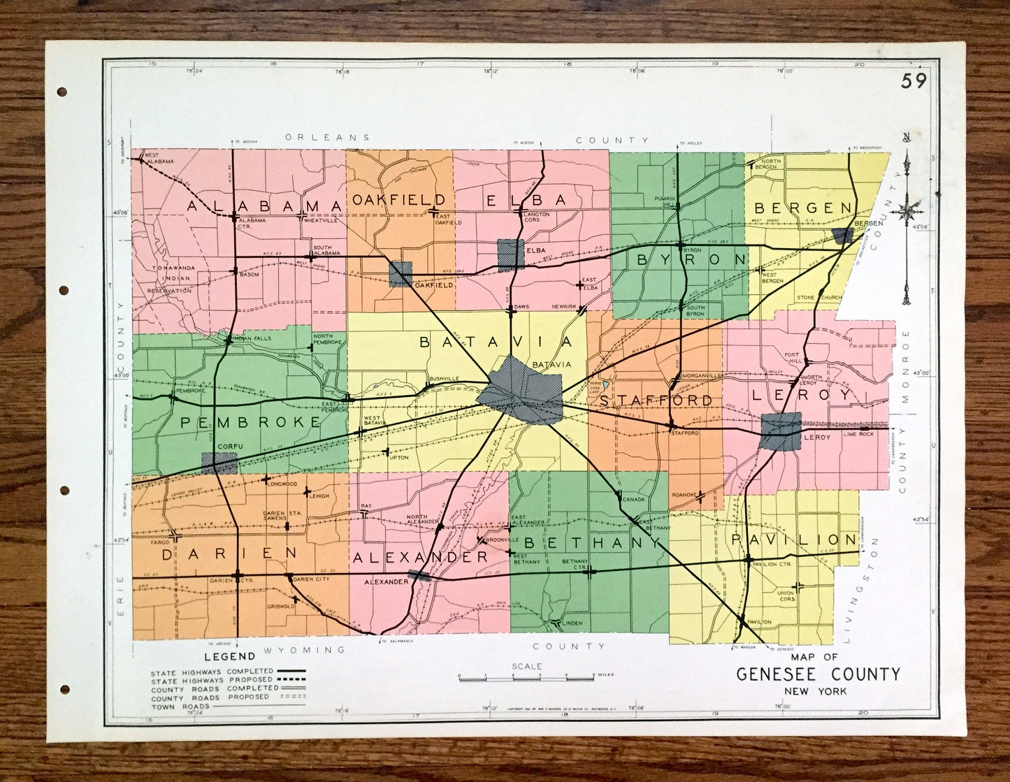 Antique Genesee County, New York 1941 Historical Atlas Map – Batavia, Oakfield, Darien, Corfu, Pavilion, Le Roy, Stafford, Alexander Elba NY
