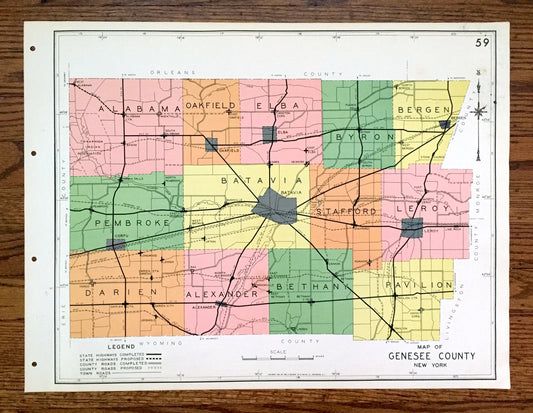 Antique Genesee County, New York 1941 Historical Atlas Map – Batavia, Oakfield, Darien, Corfu, Pavilion, Le Roy, Stafford, Alexander Elba NY