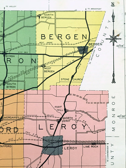 Antique Genesee County, New York 1941 Historical Atlas Map – Batavia, Oakfield, Darien, Corfu, Pavilion, Le Roy, Stafford, Alexander Elba NY