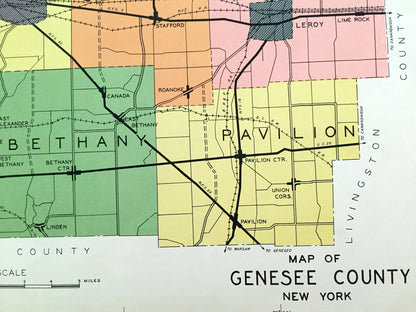 Antique Genesee County, New York 1941 Historical Atlas Map – Batavia, Oakfield, Darien, Corfu, Pavilion, Le Roy, Stafford, Alexander Elba NY