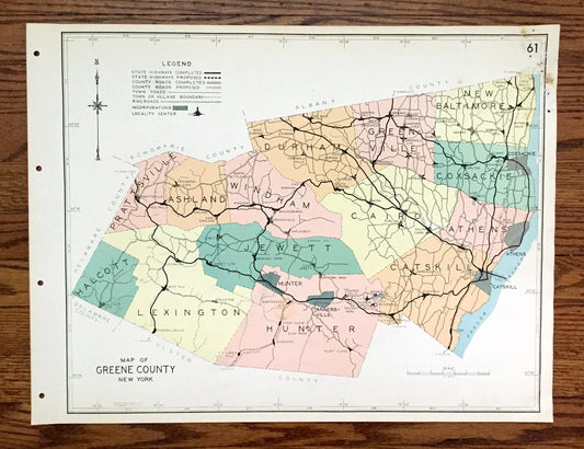 Antique Greene County, New York 1941 Historical Atlas Map – Catskill, Athens, Coxsackie, Cairo, Greenville, Prattsville, West Kill Hudson NY