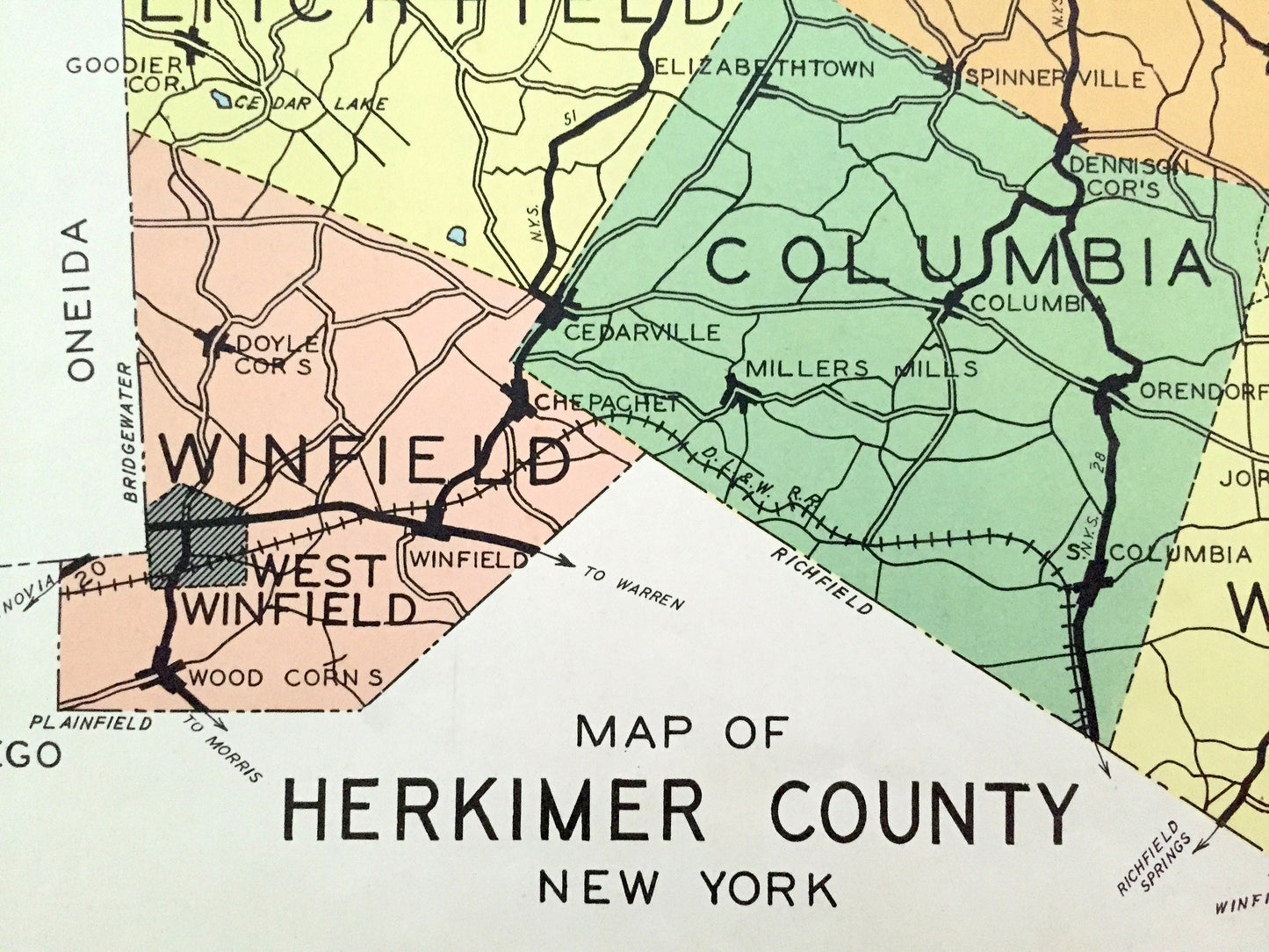 Antique Herkimer County, New York 1941 Historical Atlas Map – Mohawk, Ilion, Little Falls, Grant, Winfield, Atwell, Old Forge, Fairfield, NY