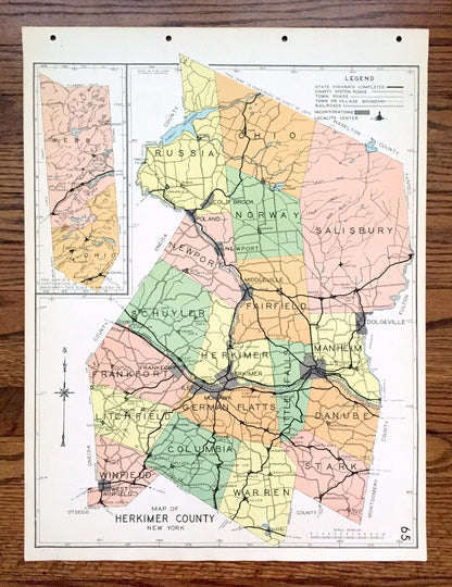Antique Herkimer County, New York 1941 Historical Atlas Map – Mohawk, Ilion, Little Falls, Grant, Winfield, Atwell, Old Forge, Fairfield, NY