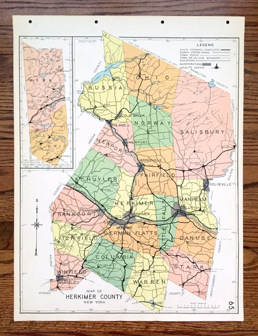 Antique Herkimer County, New York 1941 Historical Atlas Map – Mohawk, Ilion, Little Falls, Grant, Winfield, Atwell, Old Forge, Fairfield, NY