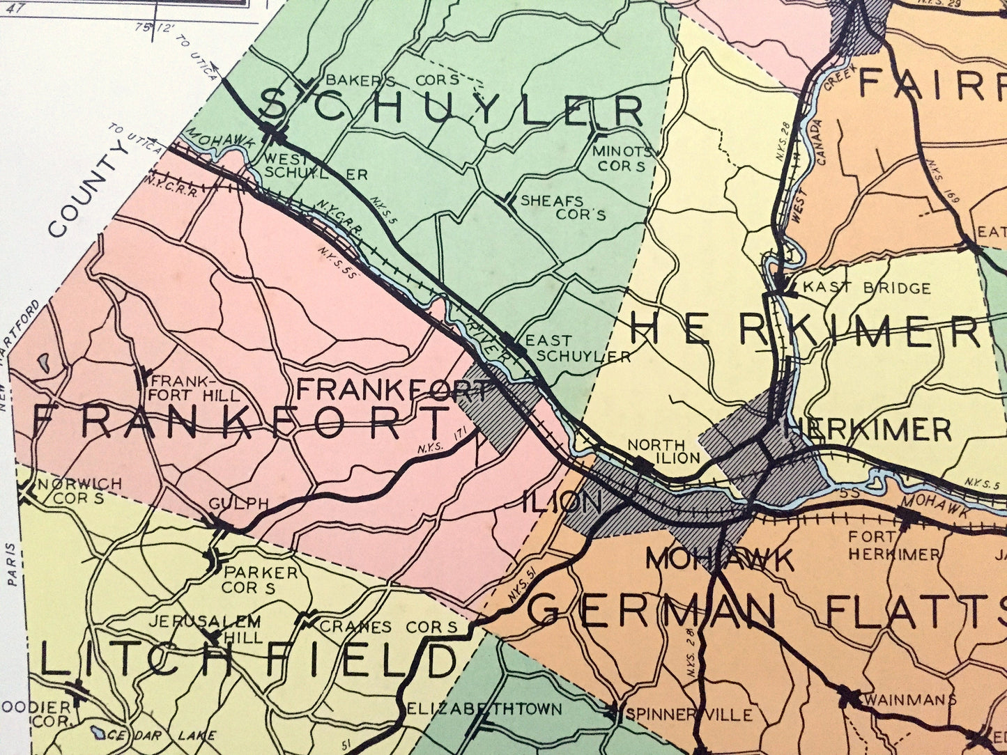 Antique Herkimer County, New York 1941 Historical Atlas Map – Mohawk, Ilion, Little Falls, Grant, Winfield, Atwell, Old Forge, Fairfield, NY