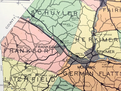 Antique Herkimer County, New York 1941 Historical Atlas Map – Mohawk, Ilion, Little Falls, Grant, Winfield, Atwell, Old Forge, Fairfield, NY